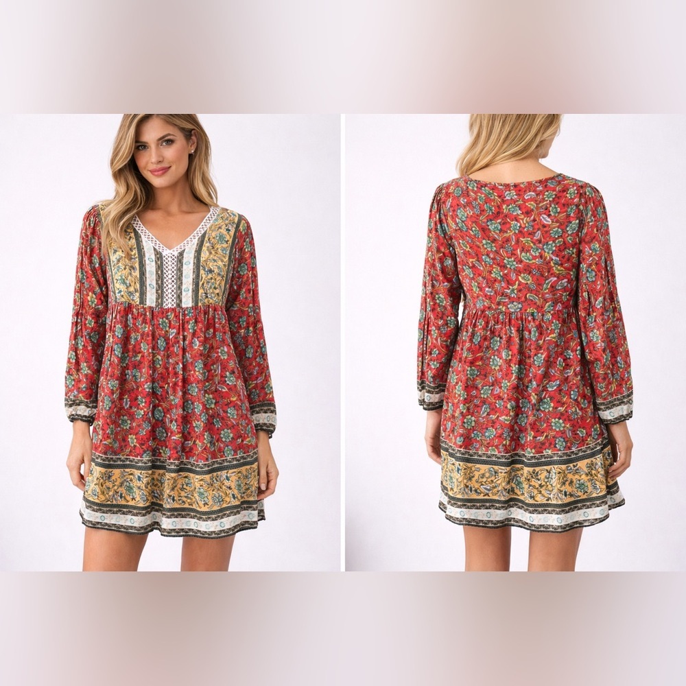 Emery Rose Boho Floral Long Sleeve Mini Dress Size Small Peasant Cottagecore